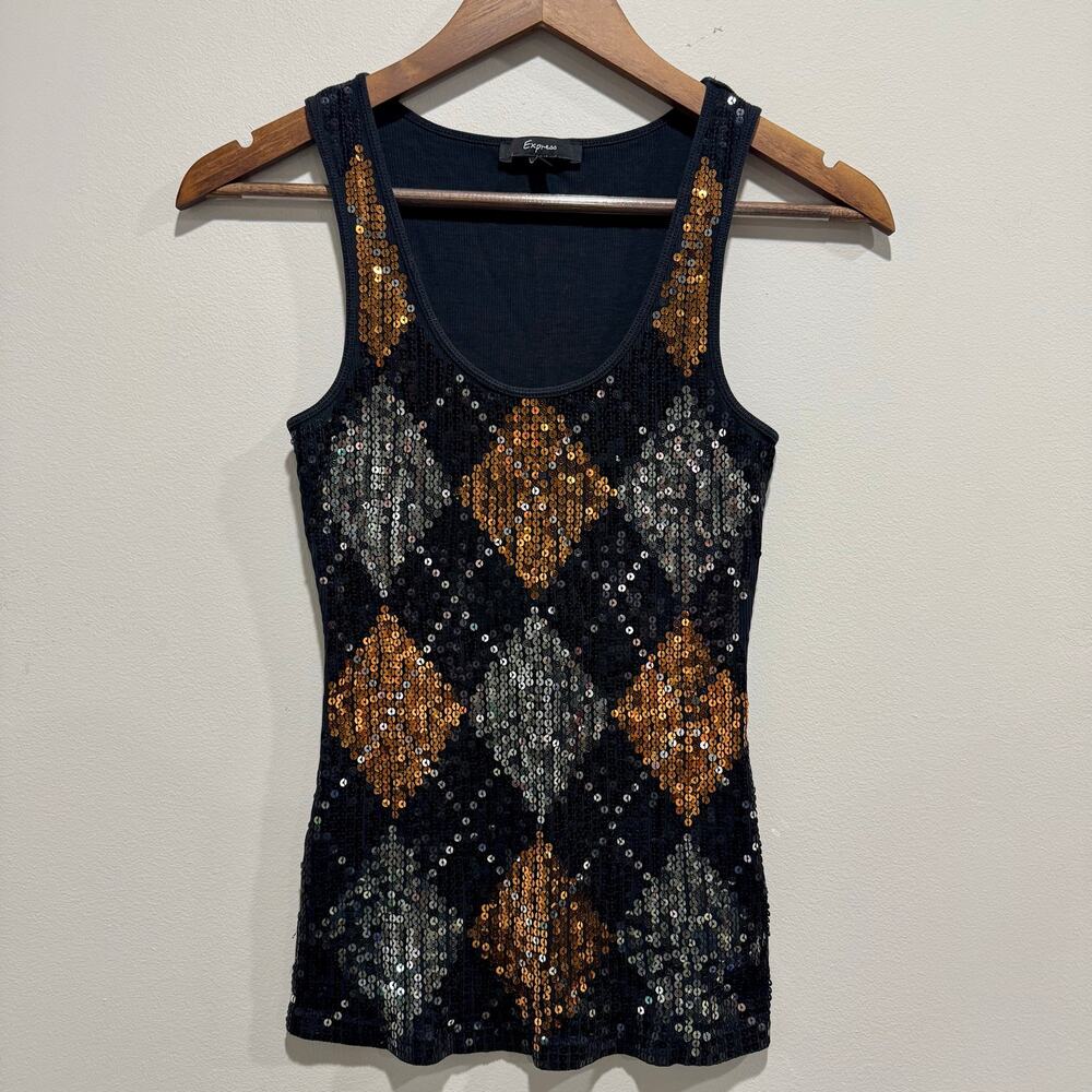 Vintage Y2K Express Sequin Argyle Tank Top Black Gold Silver S